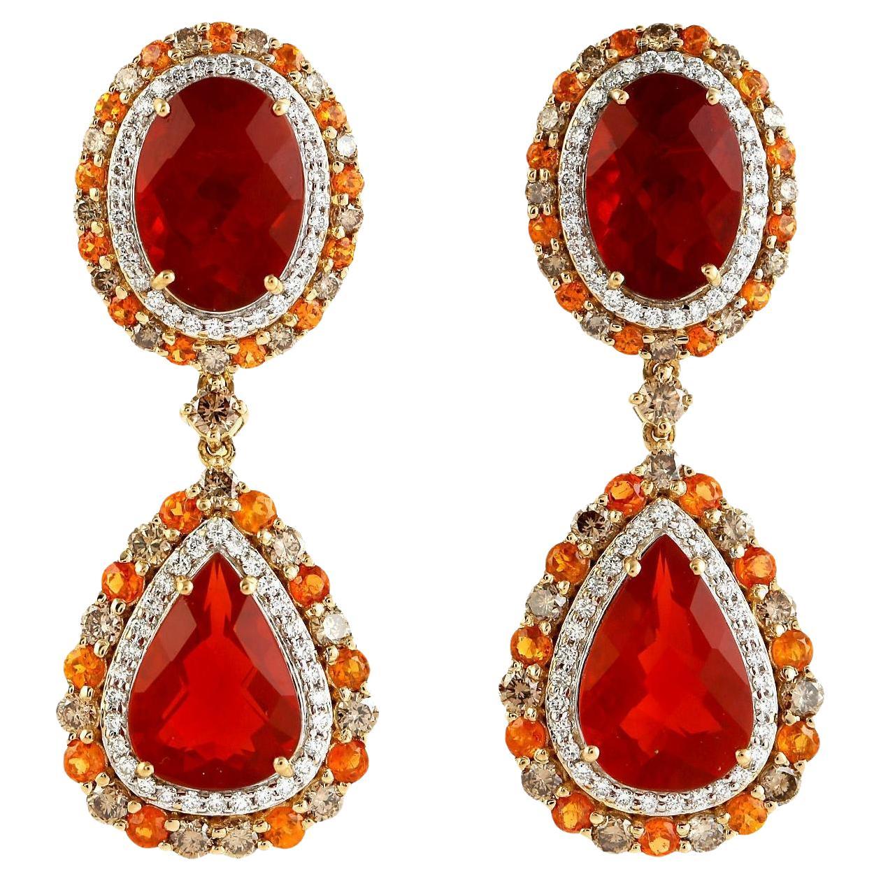 Important Natural Fire Opal Dangle Earrings Garnets Diamonds 18K Gold For Sale