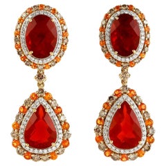 Important Natural Fire Opal Dangle Earrings Garnets Diamonds 18K Gold