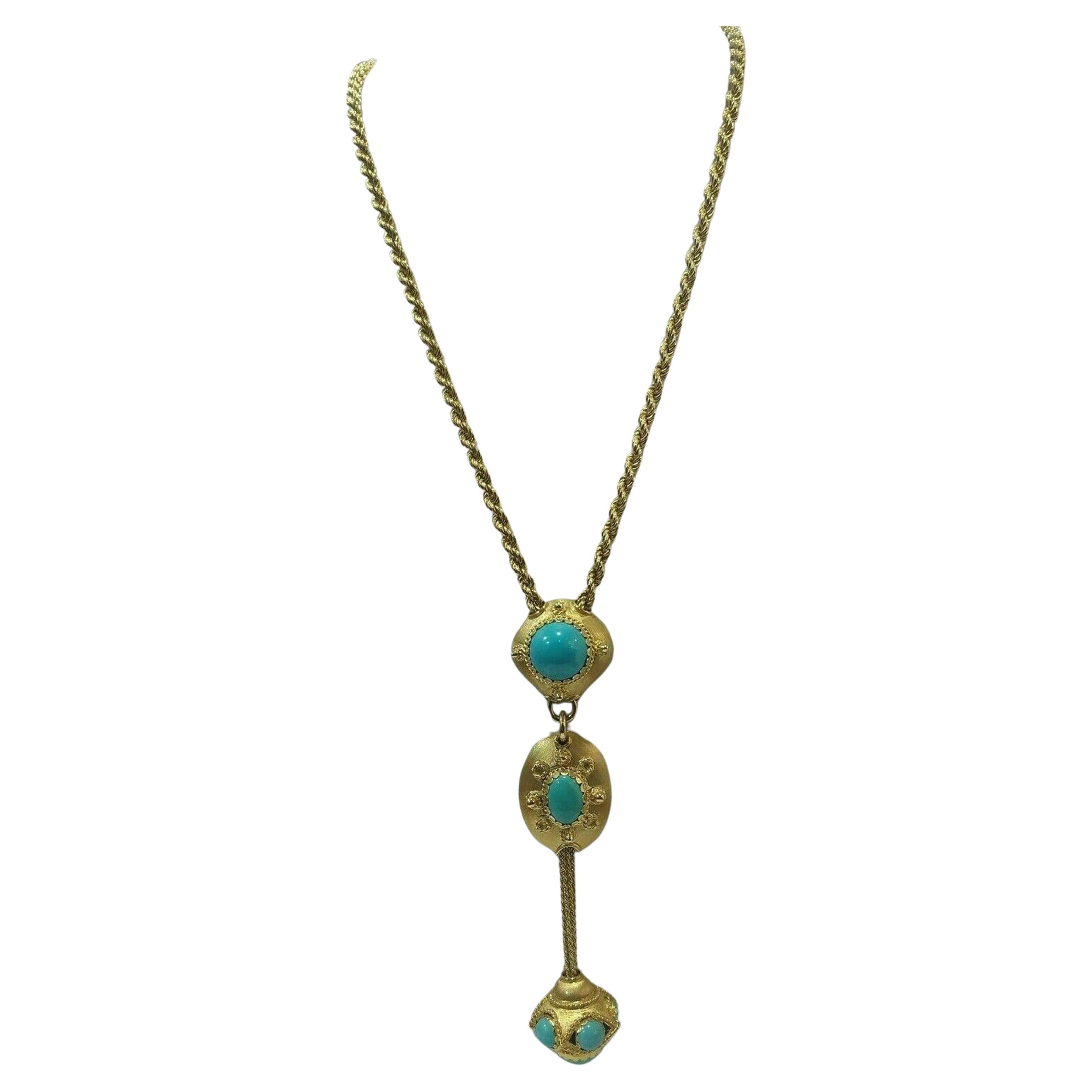 Stunning necklace set in 18k yellow gold
18k gold necklace, artisanal goldsmith production, woven tubular mesh, satin and shiny finish with pendant and turquoise stone
necklace material 18 kt yellow gold (750/1000)
Chain length 64 cm 
Triple pendant