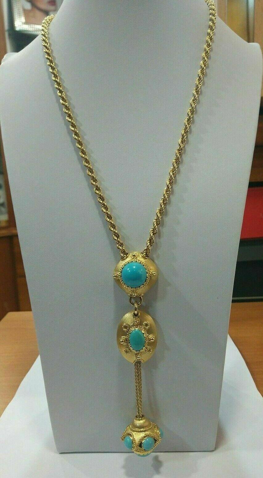 Bead Important Natural Turquoise 18k Yellow Gold Necklace For Sale