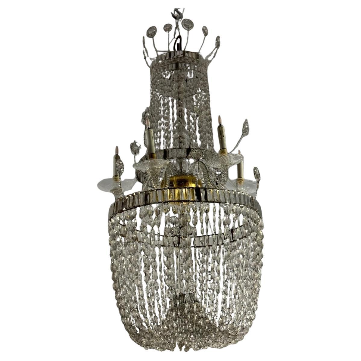 Important Navette Cut Crystal Pearl Bag Chandelier, Circa 1800