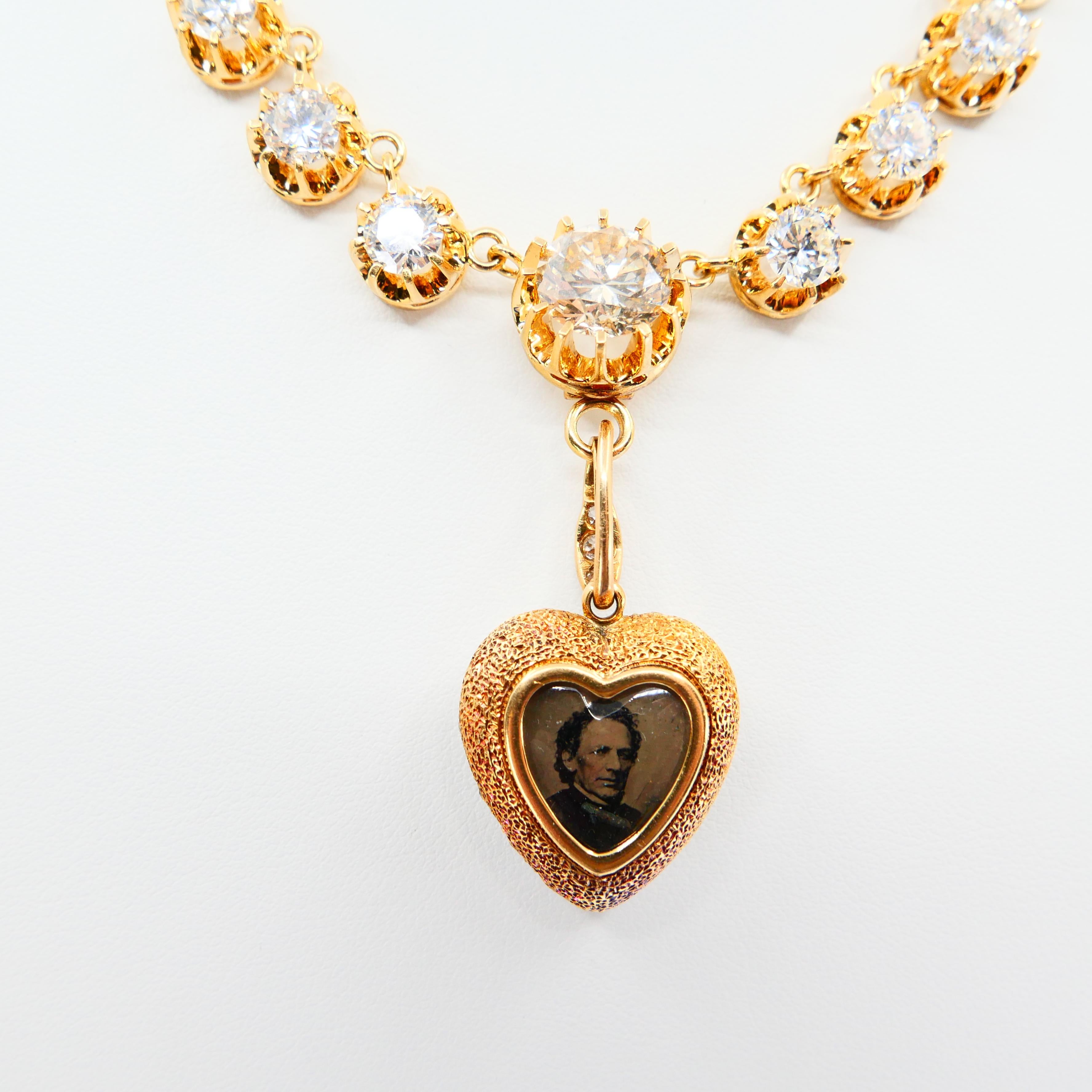 Important Old Mine Cut Heart Locket Pendant and Diamond Necklace, Certified For Sale 10