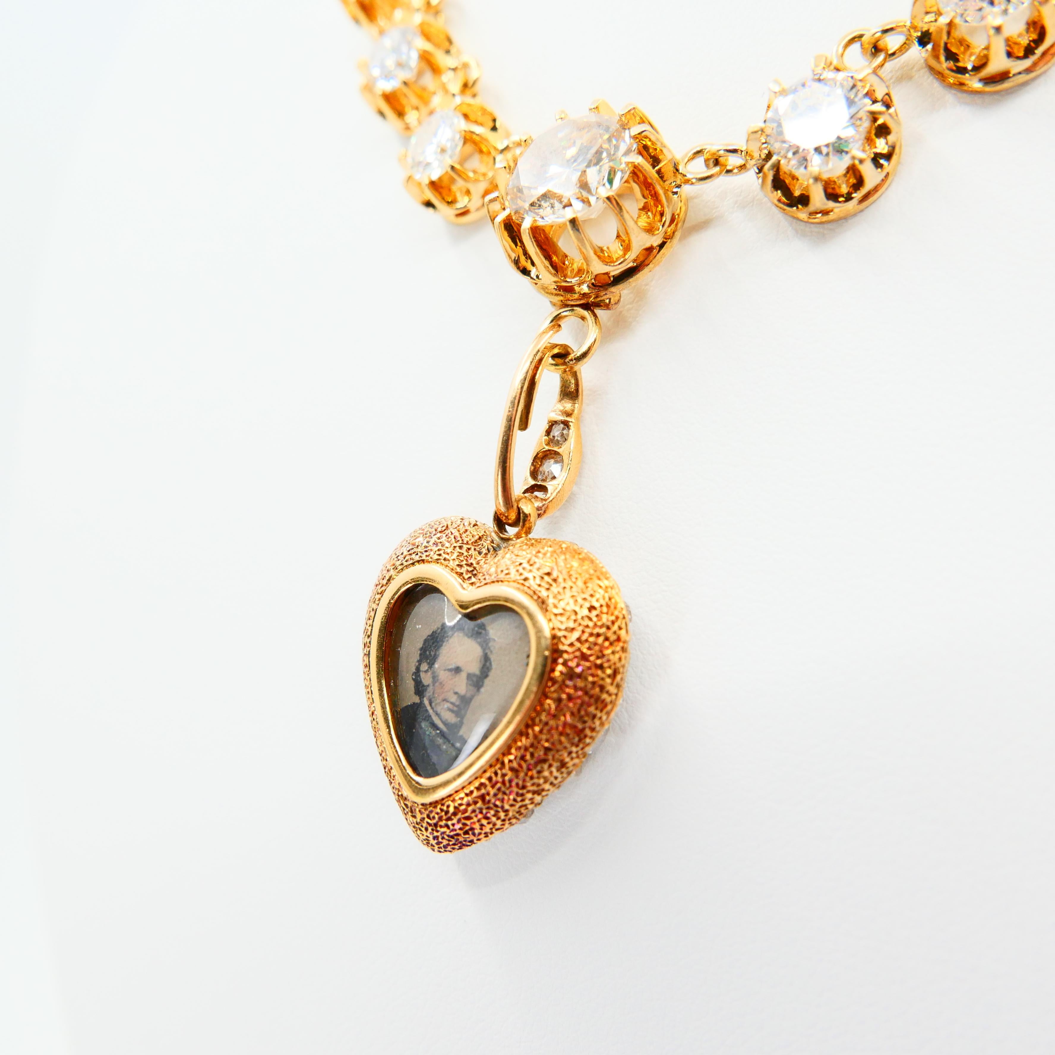 Important Old Mine Cut Heart Locket Pendant and Diamond Necklace, Certified For Sale 11