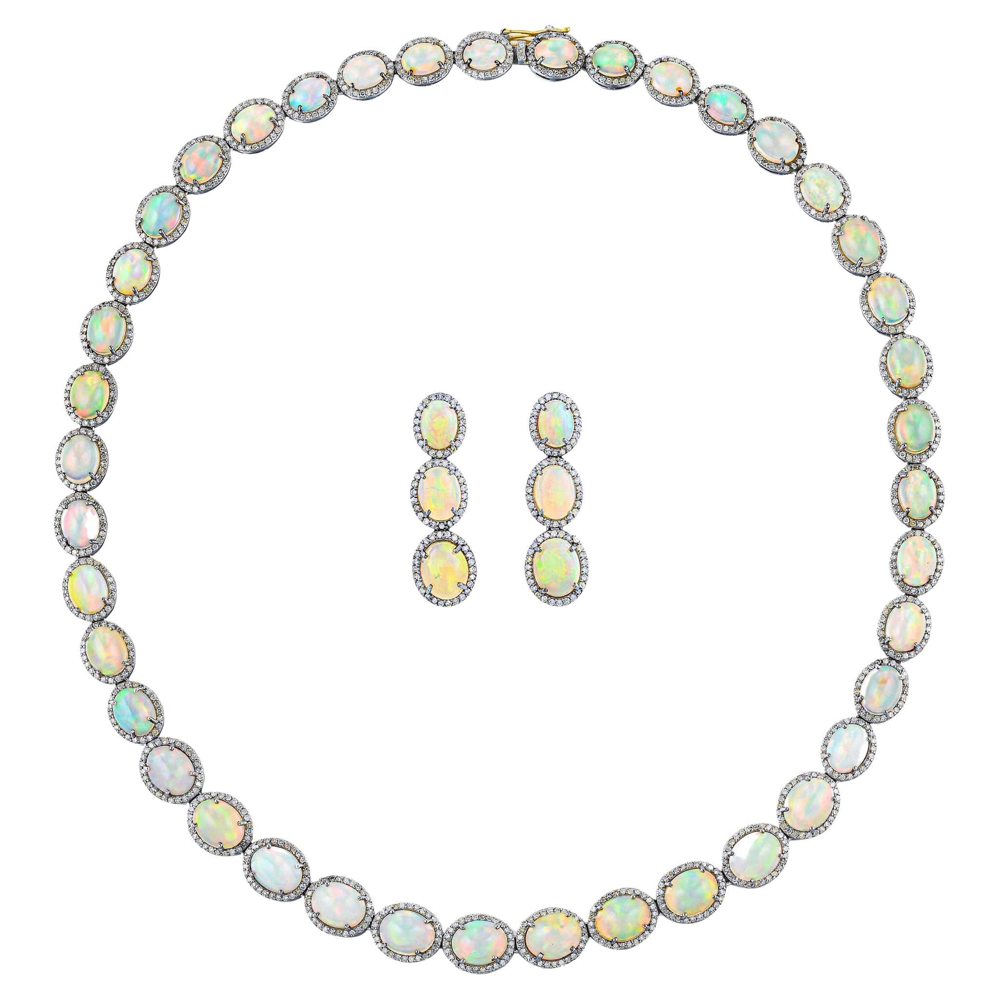 Important Opal Jewelry Suite Set With Diamonds 69 Carats Total For Sale