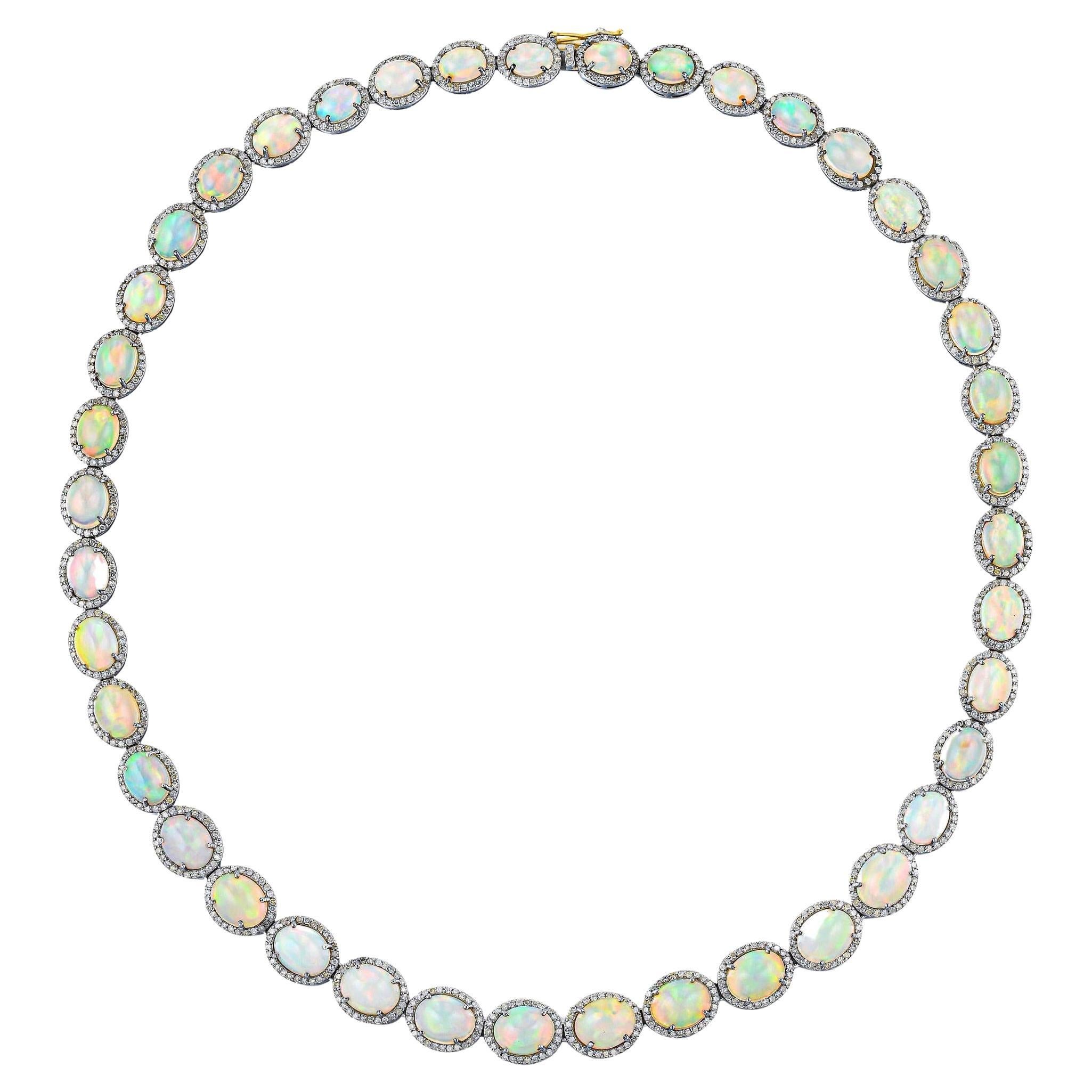 Important Opal Necklace Set With Diamonds 60 Carats Total 19.5 Inches For Sale