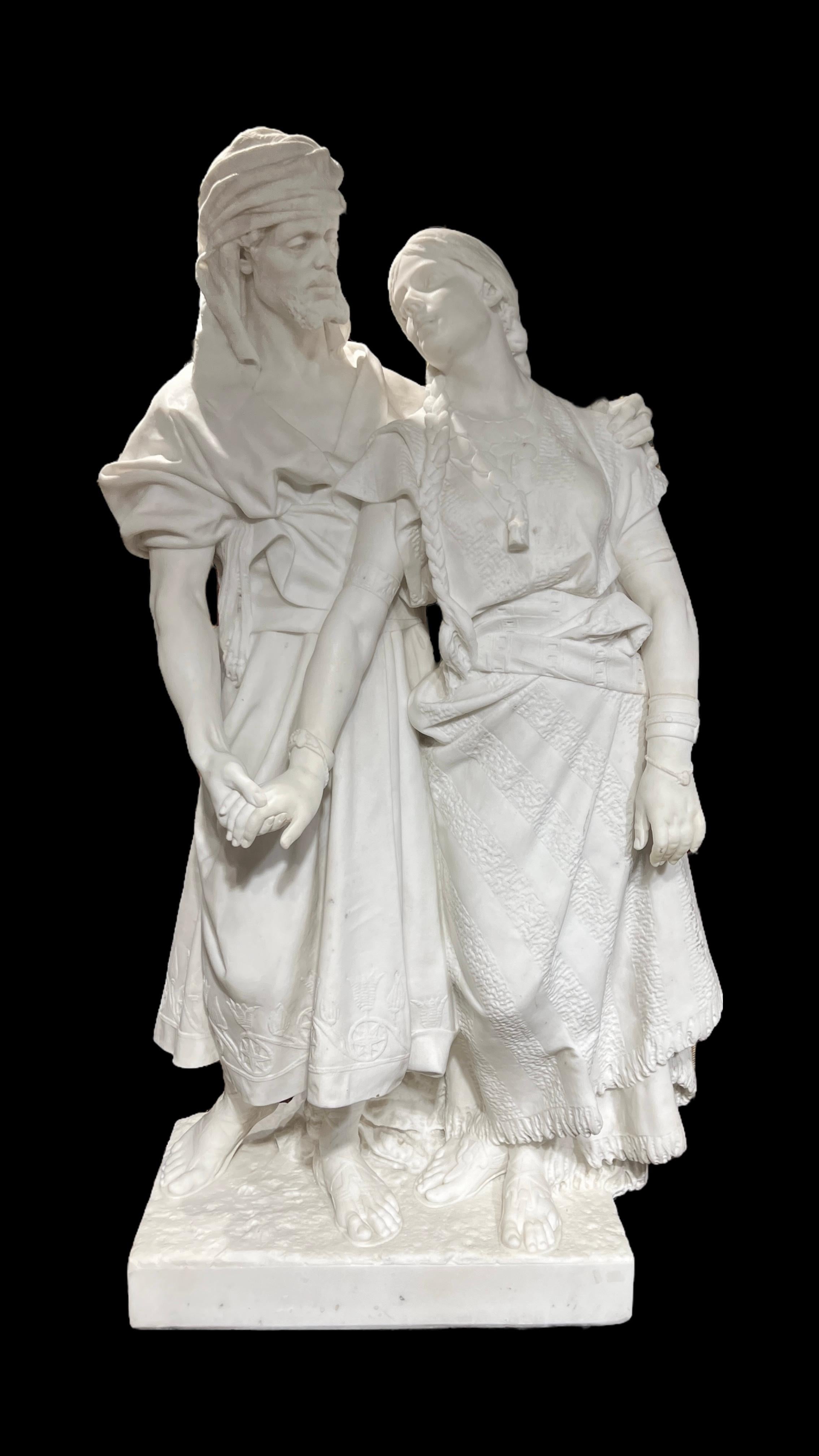Wichtige italienische orientalische weiße Marmorstatue zweier Liebhaber aus dem 19. Jahrhundert (Handgeschnitzt) im Angebot
