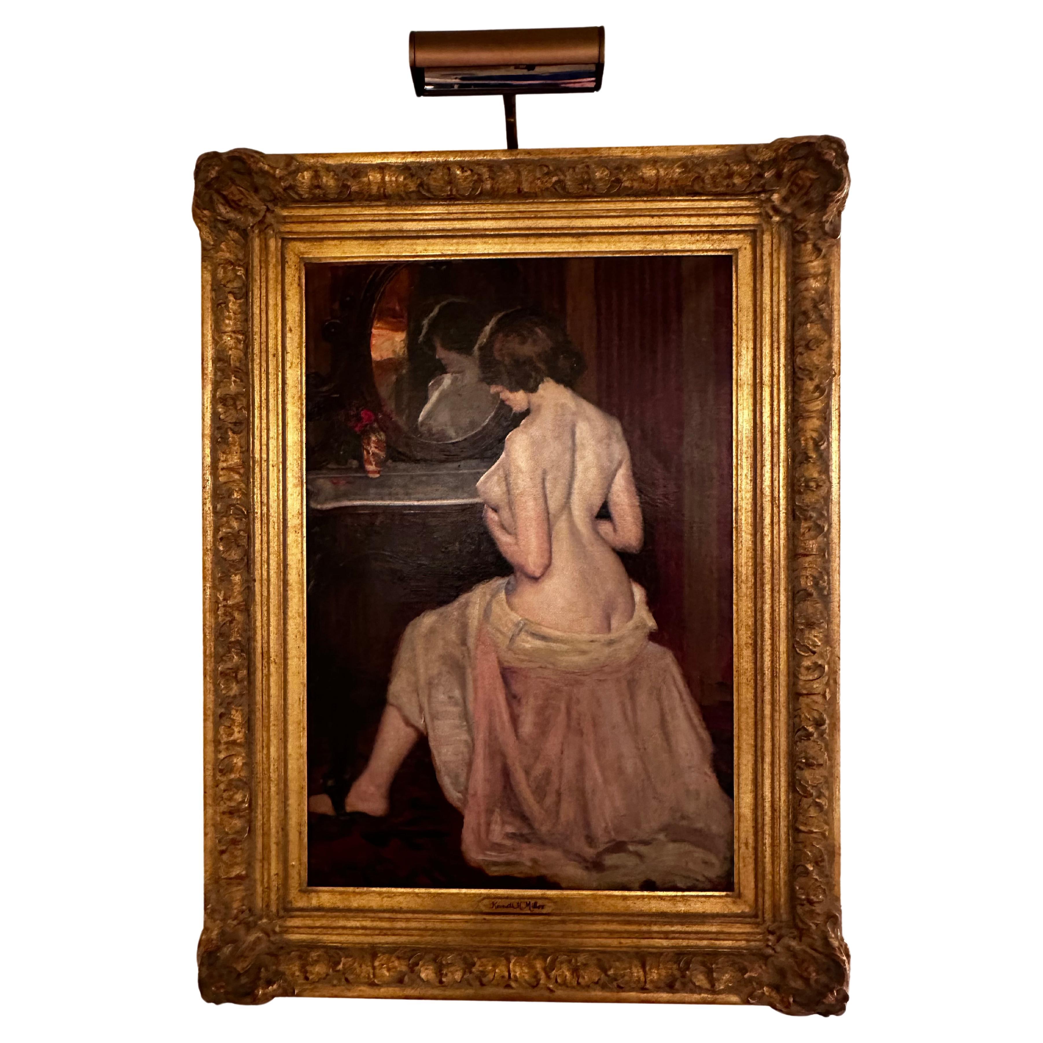 Importante dipinto a olio originale "Il boudoir" di Kenneth Hayes Miller