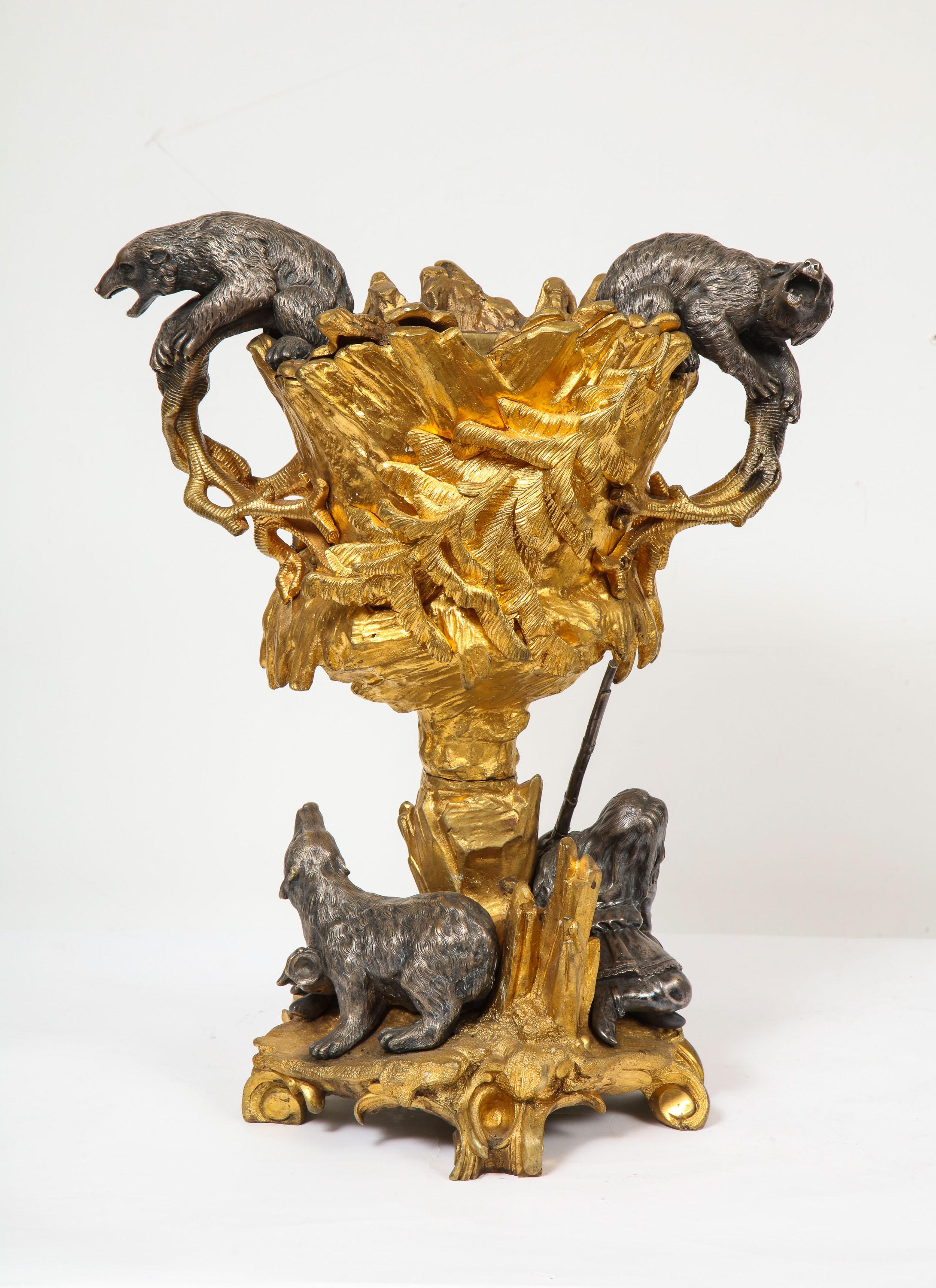 Important ormolu and silvered bronze figural wine cooler, possibly Russian, 1860

Gilt and silvered bronze wine cooler. Modeled with two Russian polar bears at the handles and with a young gunmen holding a rifle seated with a sea otter.

Very