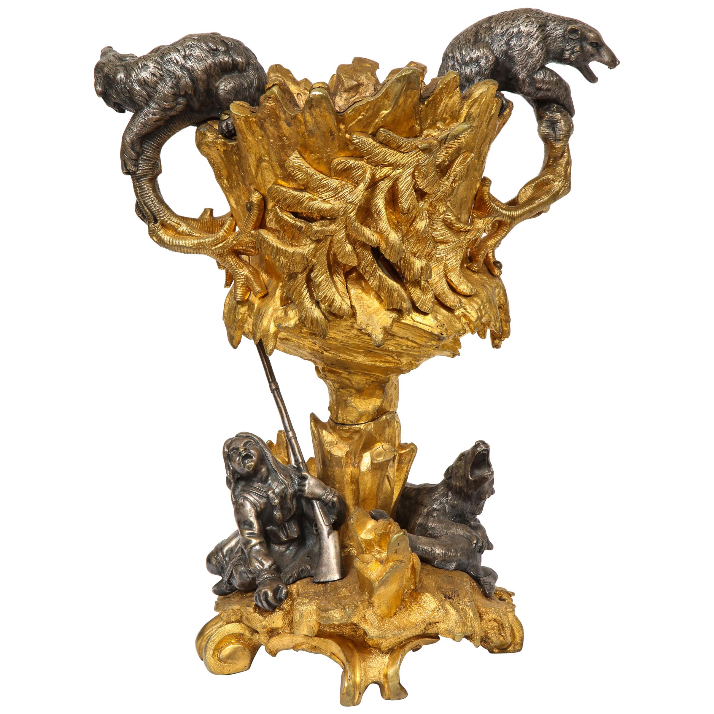 Figuraler Weinkühler aus Goldbronze und versilberter Bronze, möglicherweise russisch, 1860 im Angebot