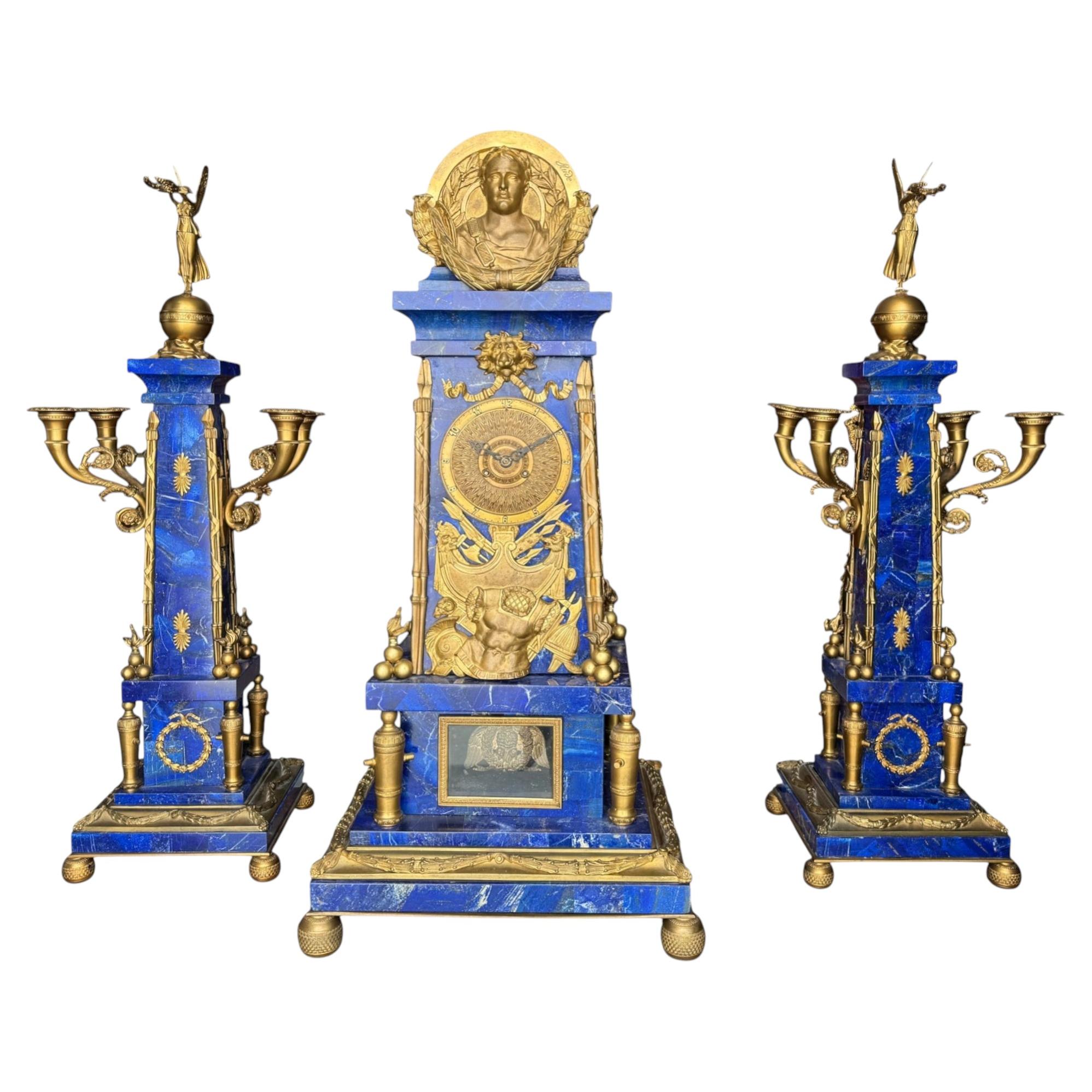 Important Ormolu-Mounted Lapis Lazuli Mantel Clock with Companion Candelabra