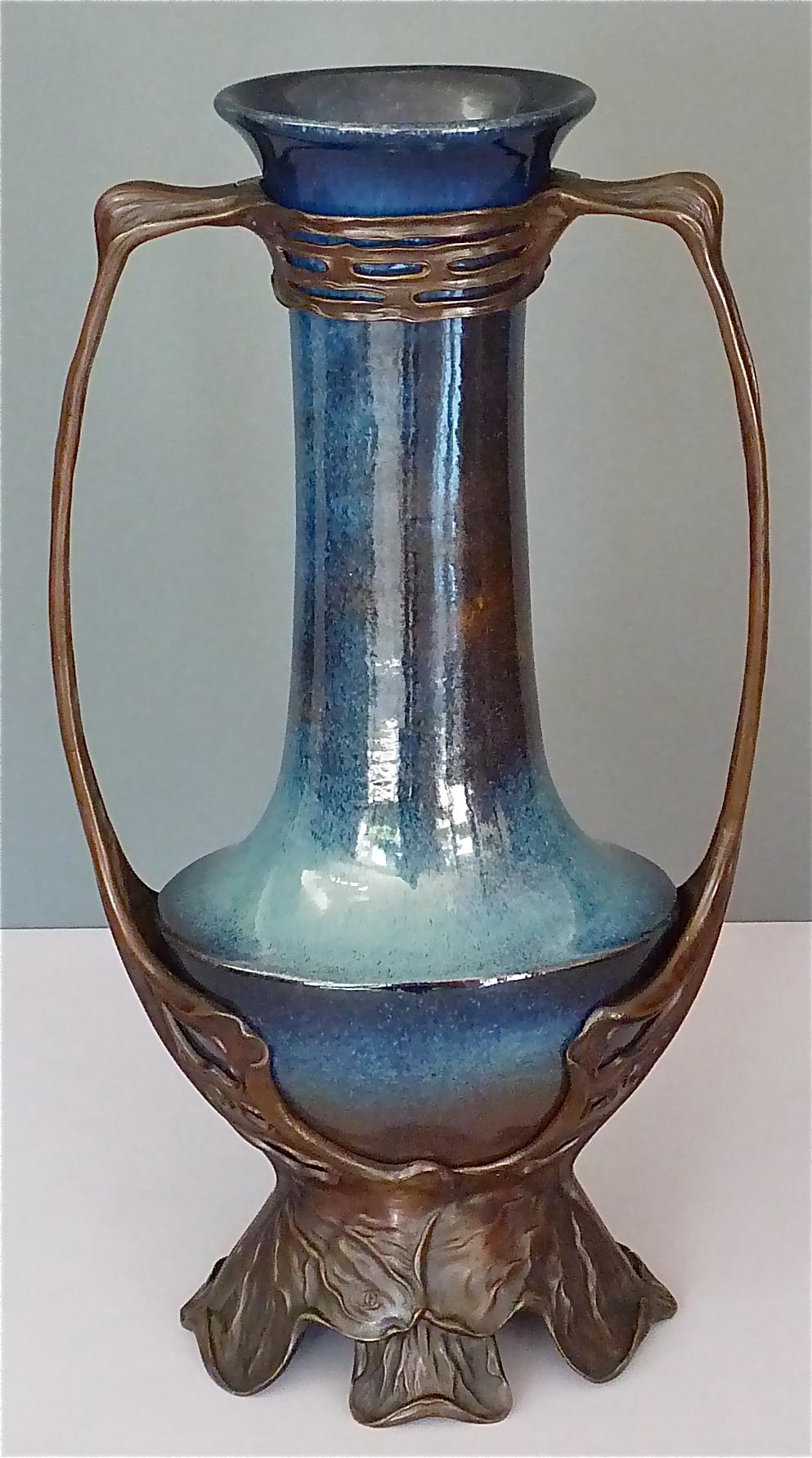 Important Otto Eckmann Waterlily Vase Jugendstil Patinated Bronze KPM Stoneware For Sale 1
