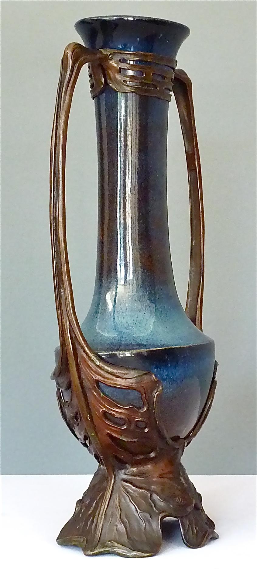 Important Otto Eckmann Waterlily Vase Jugendstil Patinated Bronze KPM Stoneware For Sale 2