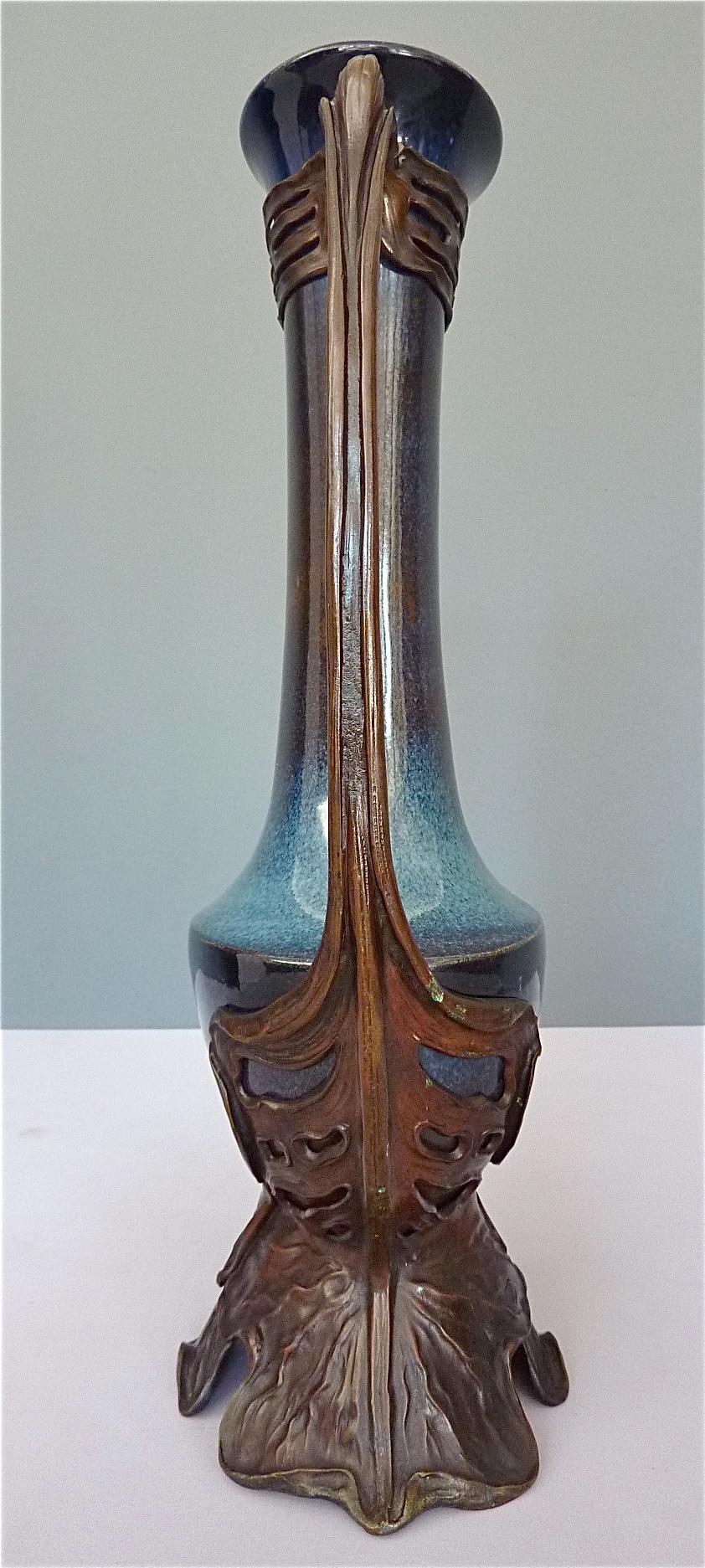 Important Otto Eckmann Waterlily Vase Jugendstil Patinated Bronze KPM Stoneware For Sale 3