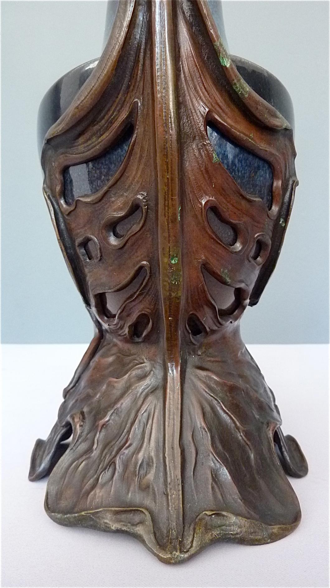 Important Otto Eckmann Waterlily Vase Jugendstil Patinated Bronze KPM Stoneware For Sale 4