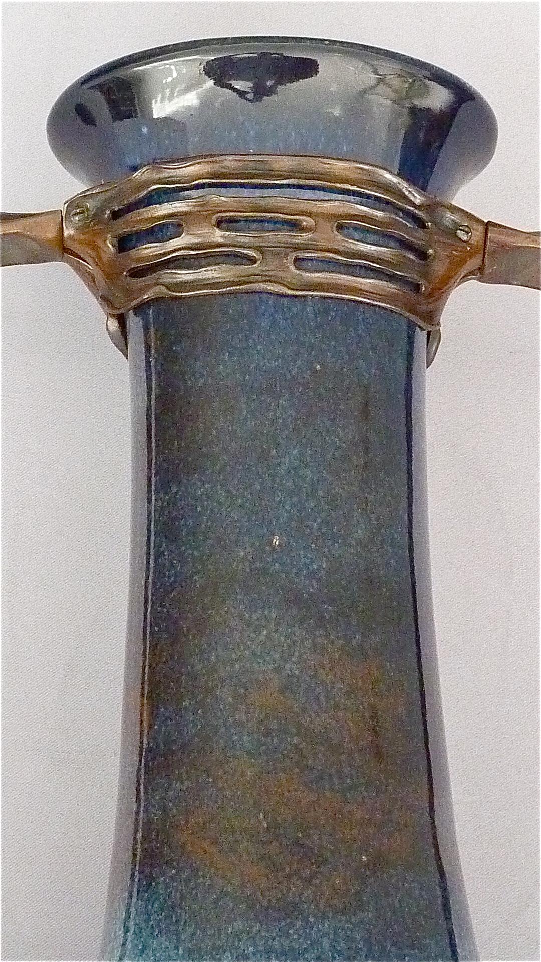Important Otto Eckmann Waterlily Vase Jugendstil Patinated Bronze KPM Stoneware For Sale 5