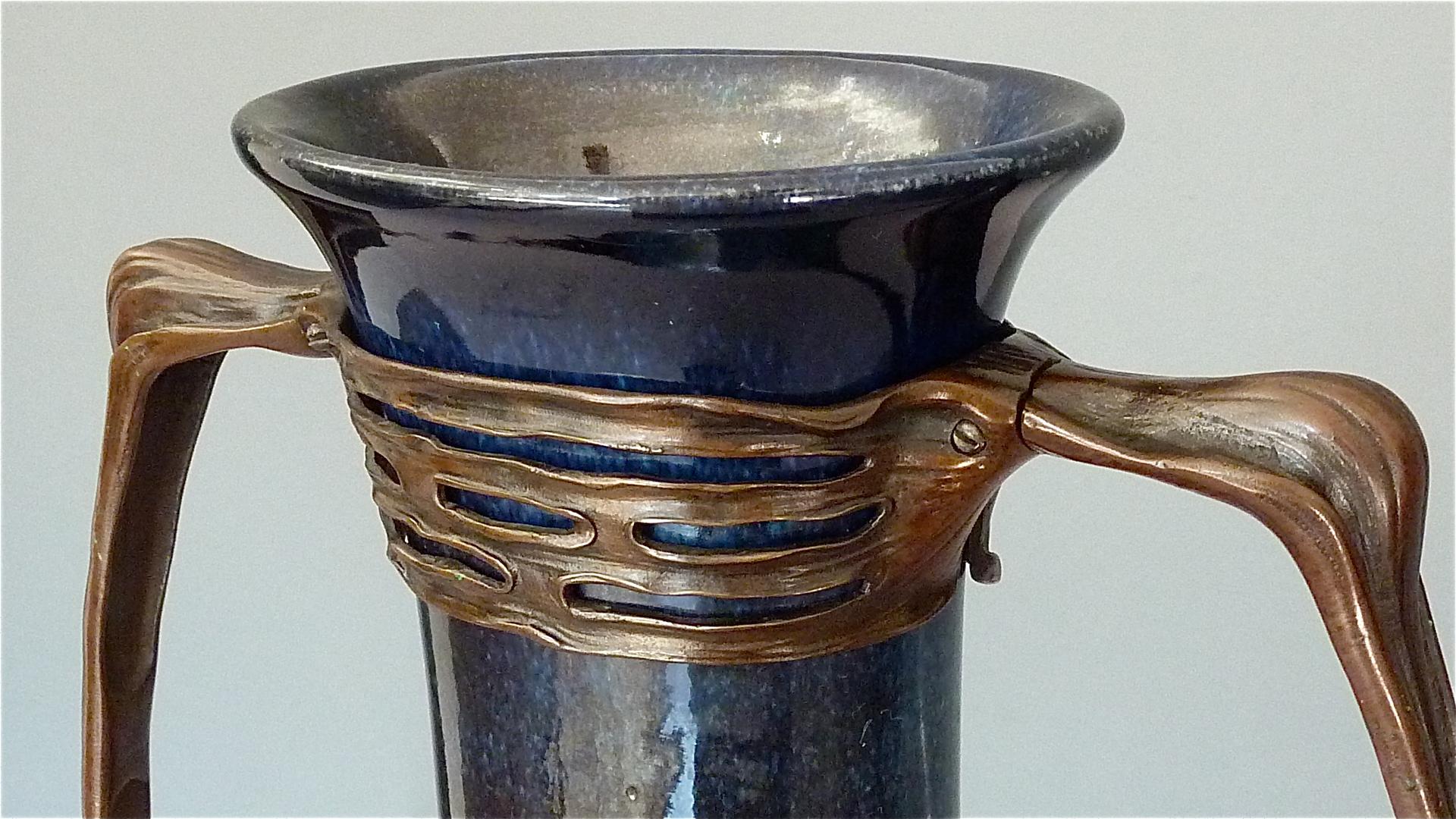 Important Otto Eckmann Waterlily Vase Jugendstil Patinated Bronze KPM Stoneware For Sale 6