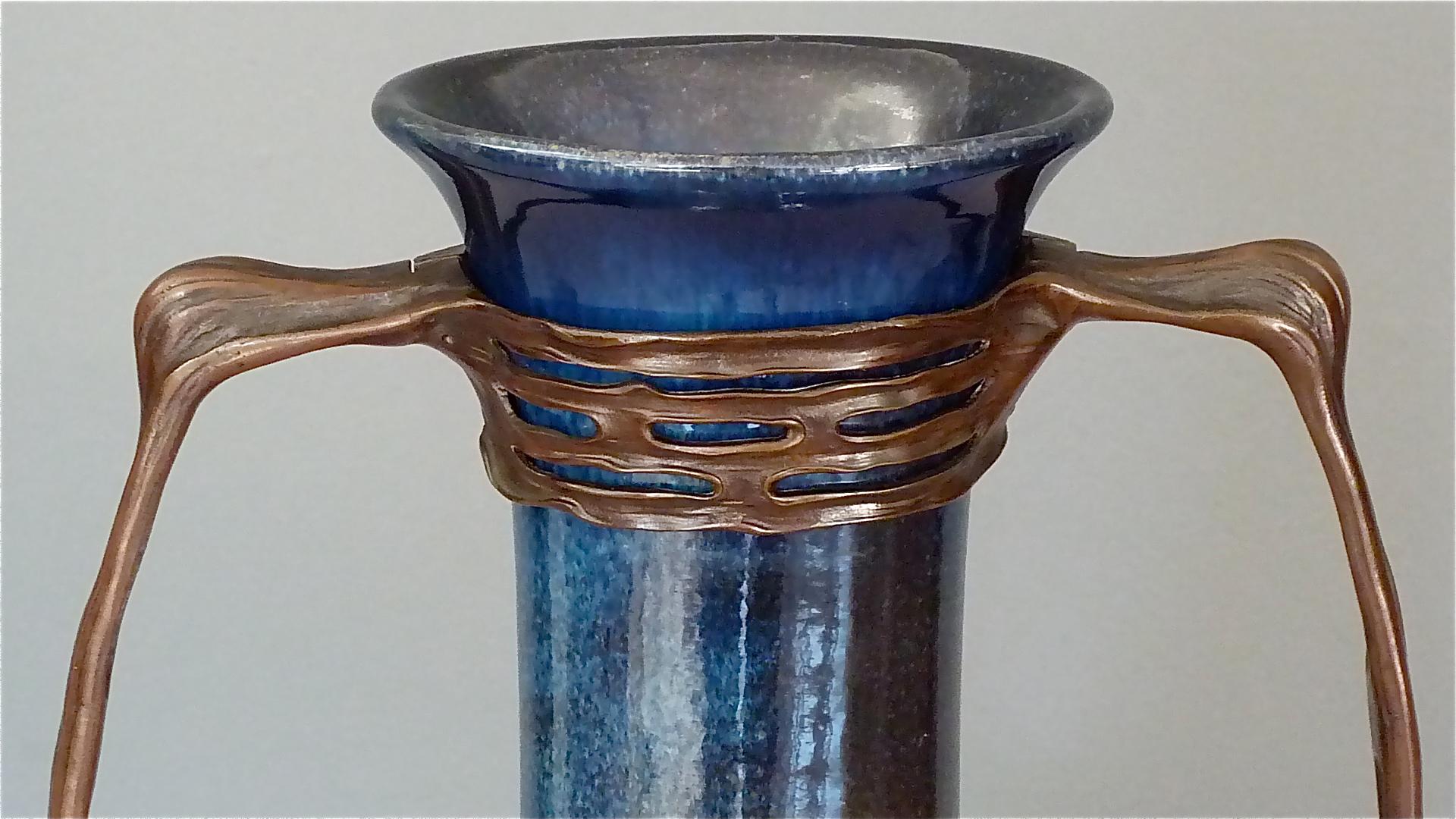 Important Otto Eckmann Waterlily Vase Jugendstil Patinated Bronze KPM Stoneware For Sale 7