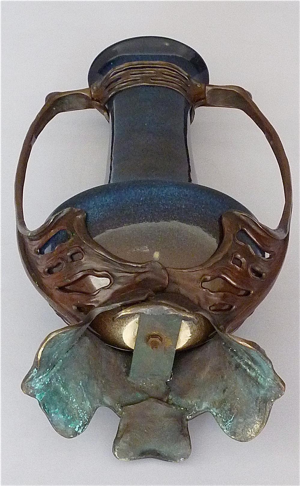 Important Otto Eckmann Waterlily Vase Jugendstil Patinated Bronze KPM Stoneware For Sale 9
