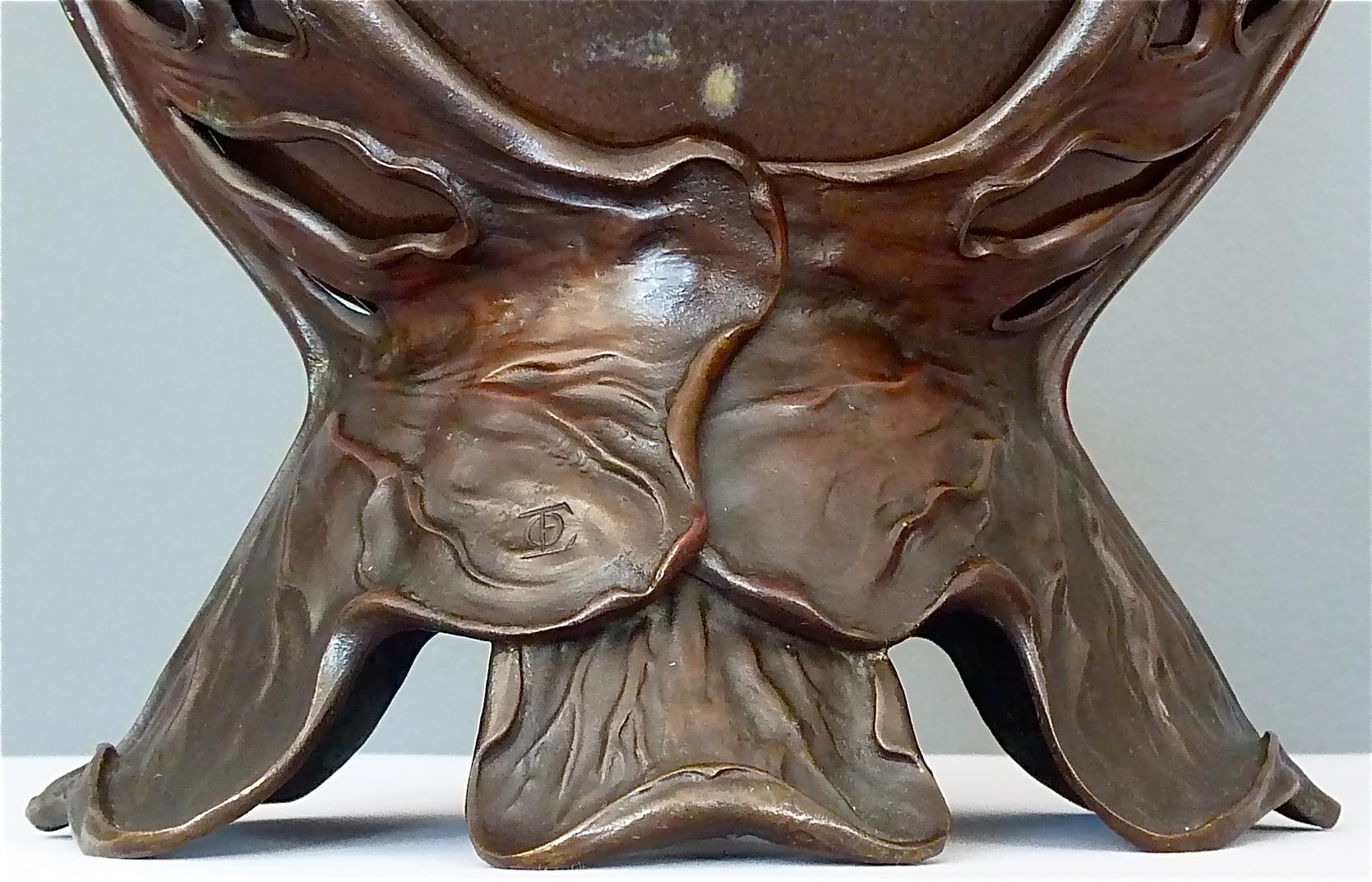 Important Otto Eckmann Waterlily Vase Jugendstil Patinated Bronze KPM Stoneware For Sale 10