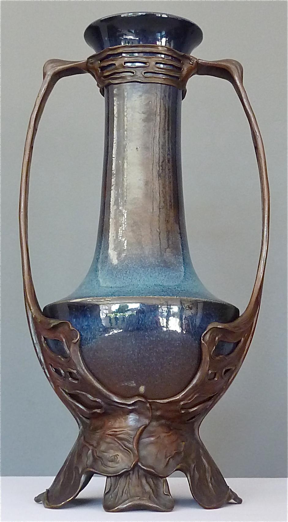 Important Otto Eckmann Waterlily Vase Jugendstil Patinated Bronze KPM Stoneware For Sale 11