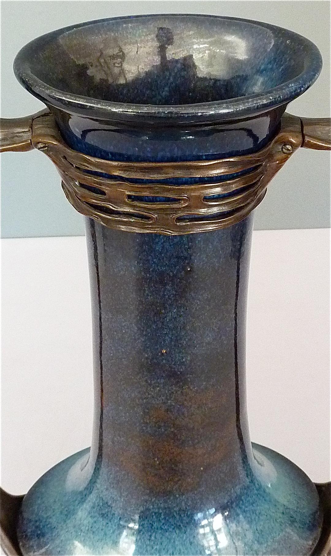 Allemand Important vase aquatique Jugendstil en bronze patiné KPM Stoneware d'Otto Eckmann en vente