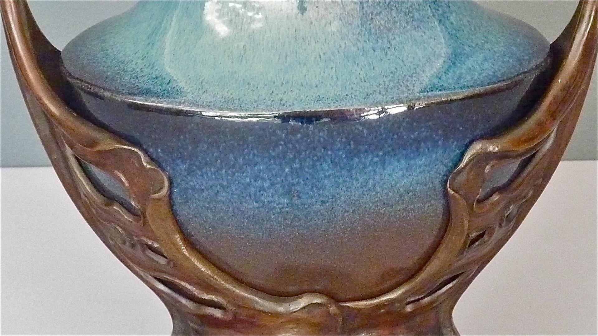 German Important Otto Eckmann Waterlily Vase Jugendstil Patinated Bronze KPM Stoneware For Sale
