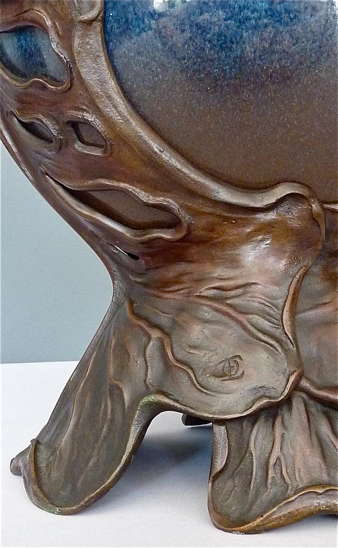 Glazed Important Otto Eckmann Waterlily Vase Jugendstil Patinated Bronze KPM Stoneware For Sale