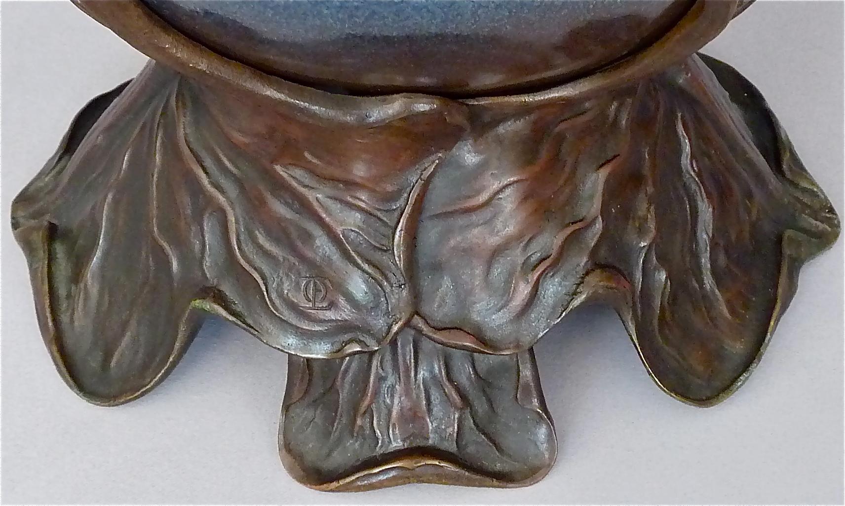 Important Otto Eckmann Waterlily Vase Jugendstil Patinated Bronze KPM Stoneware In Good Condition For Sale In Nierstein am Rhein, DE