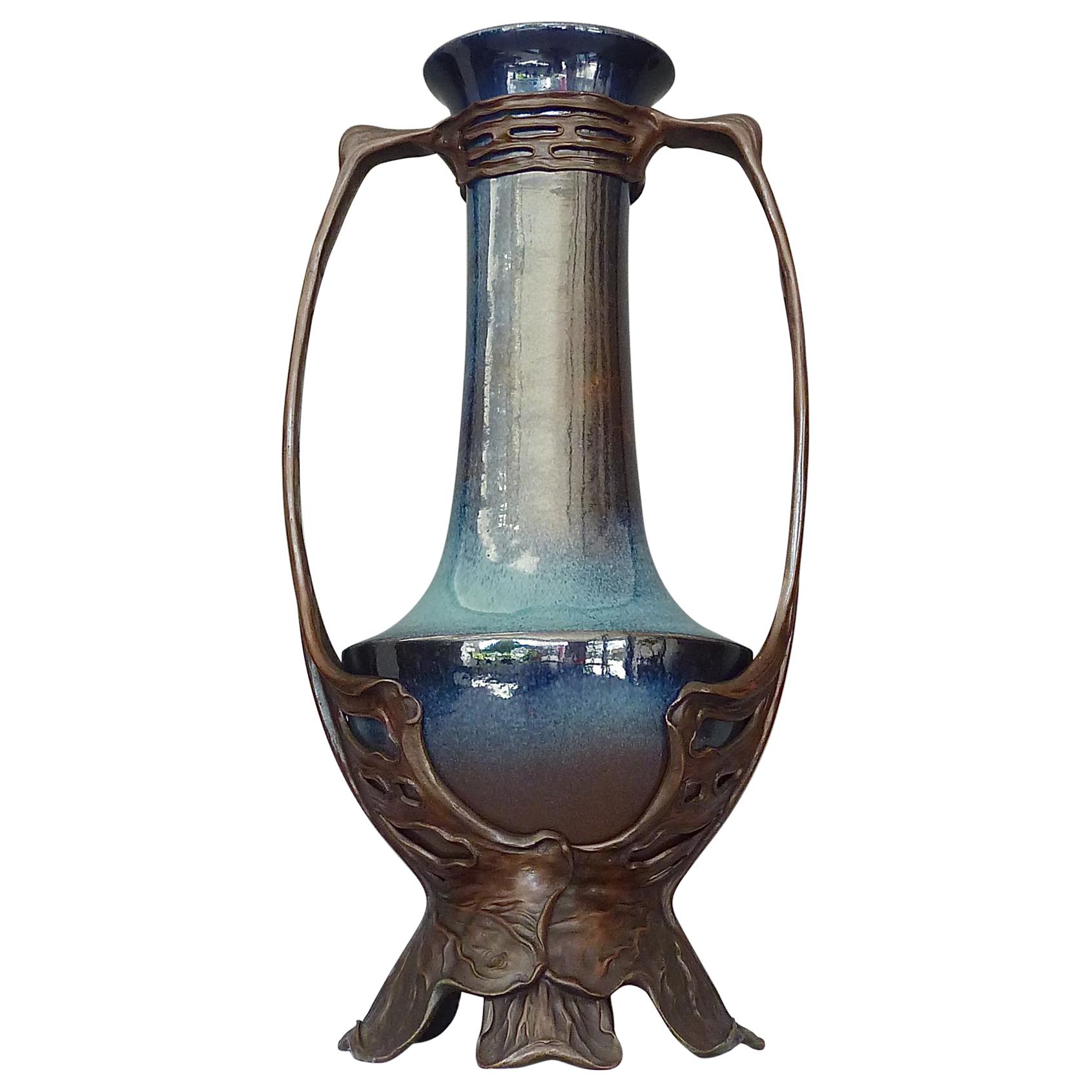 Important Otto Eckmann Waterlily Vase Jugendstil Patinated Bronze KPM Stoneware For Sale