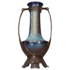 Important Otto Eckmann Waterlily Vase Jugendstil Patinated Bronze KPM Stoneware