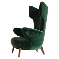 Important Ottorino Aloisio Wingback Chair in Green Mohair, Colli, Italy, 1957