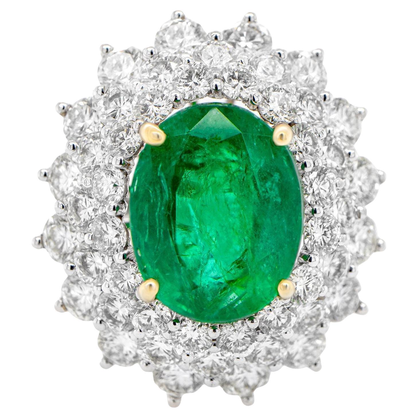 Important Oval Emerald Ring With Diamond Double Halo 12 Carats 18K Gold For Sale