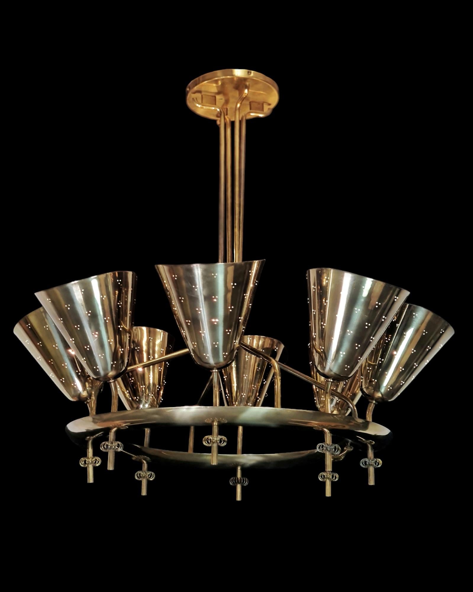 Important Paavo Tynell Chandelier Model 9062 in Perfortated Brass, Taito 1950s For Sale 6