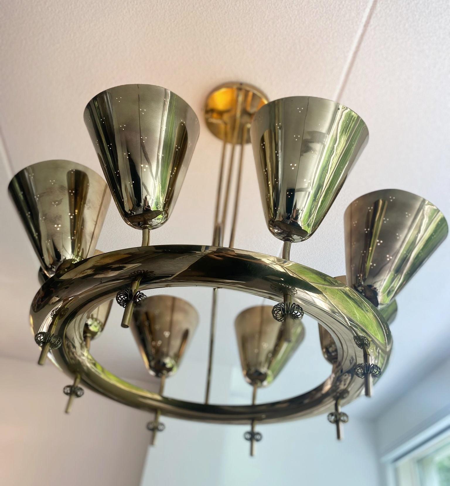 Finnish Important Paavo Tynell Chandelier Model 9062 in Perfortated Brass, Taito 1950s For Sale