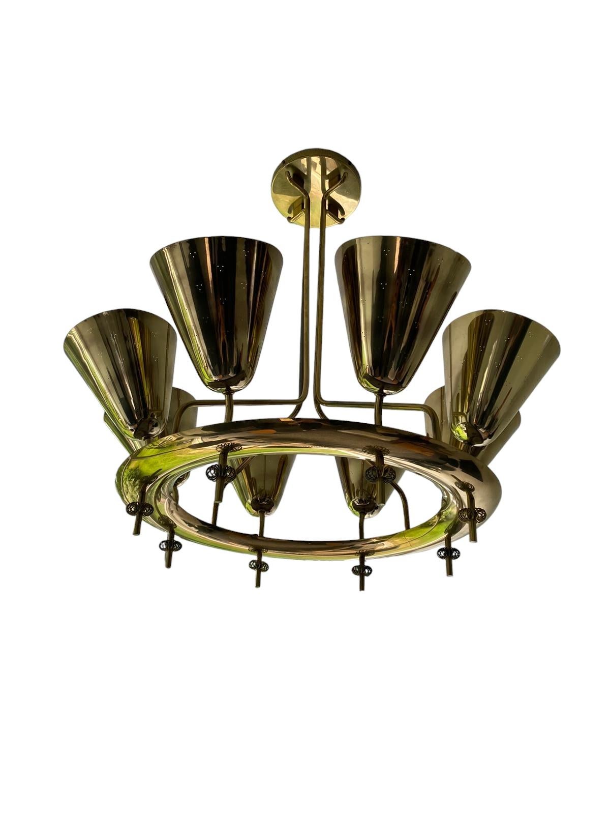 Important Paavo Tynell Chandelier Model 9062 in Perfortated Brass, Taito 1950s For Sale 2