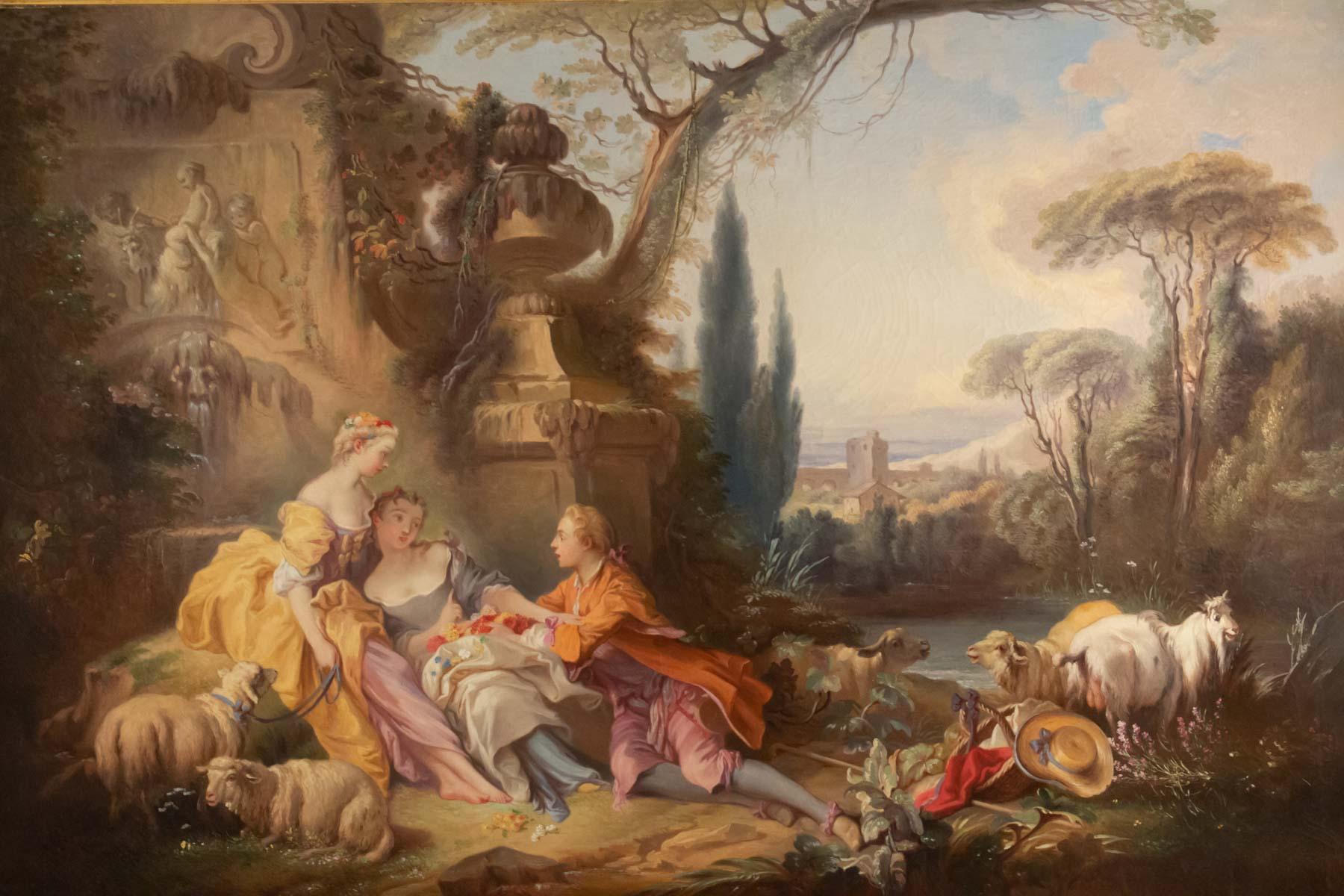 Important painting in the taste of François Boucher, 19th century, Louis XVI frame wood and stucco gilded.
Measures: Painting: H 99 cm, W 149cm
Frame: H 130 cm, W 178 cm, D 12 cm.