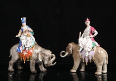 Important Pair 19th C. Meissen Porcelain Orientalist Royal Figures on Elephants