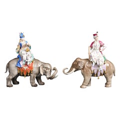 Important Pair 19th C. Meissen Porcelain Orientalist Royal Figures on Elephants