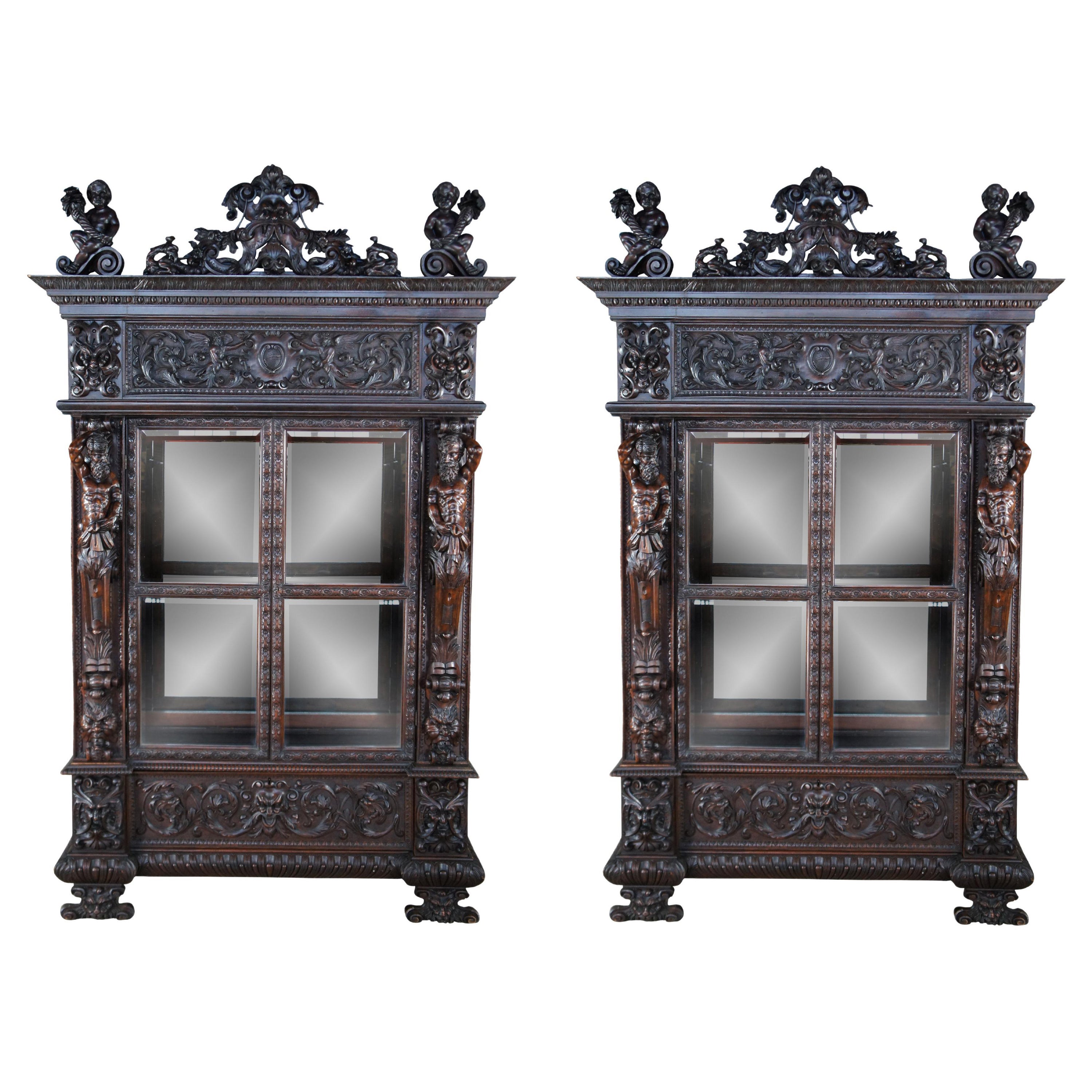 Important Pair Antique R.J. Horner Renaissance Revival Mahogany Bookcase Cabinet