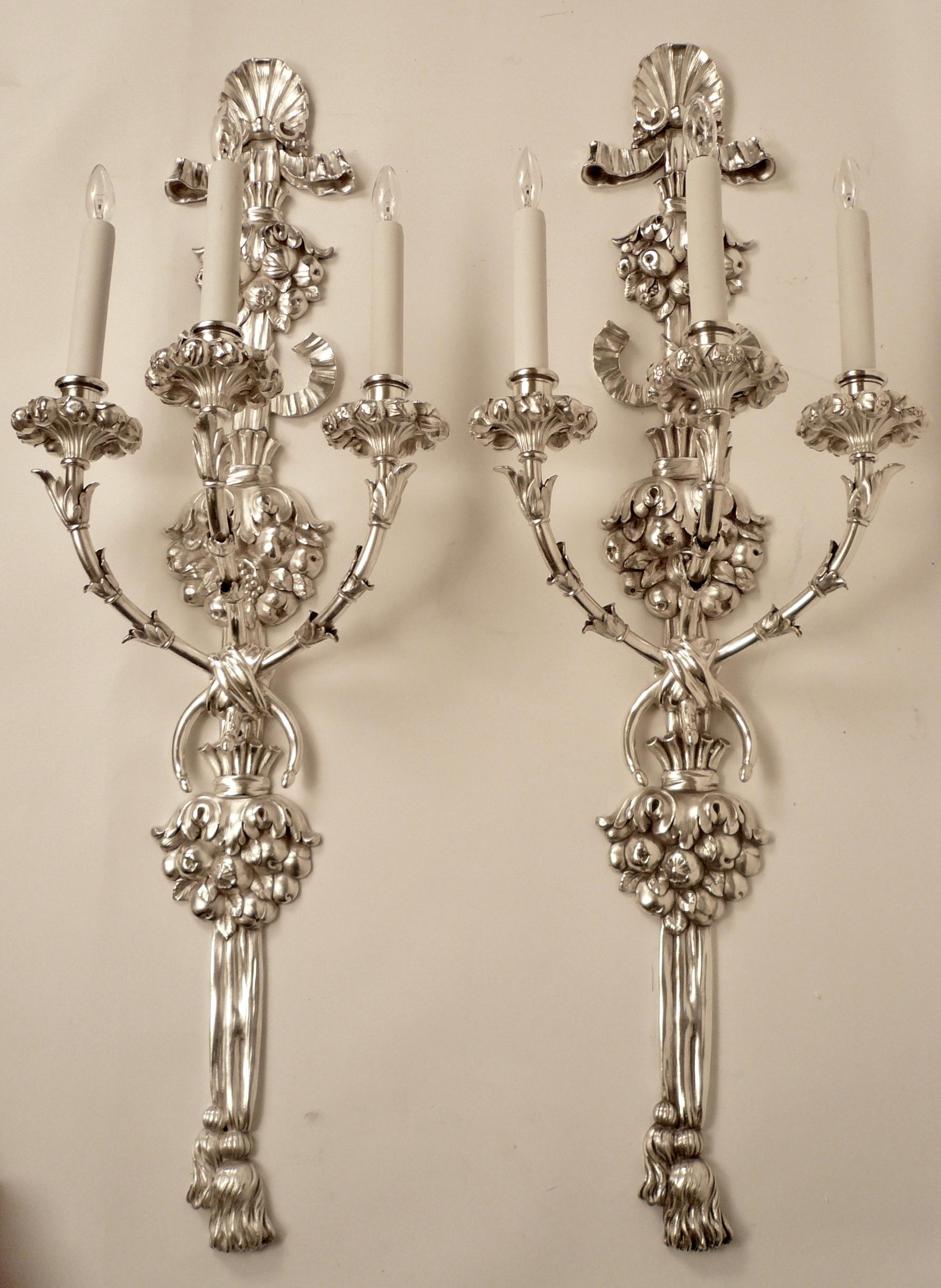 Georgian Important Pair E. F. Caldwell Silvered Bronze Sconces For Sale