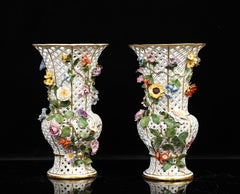 Important Pair Meissen Porcelain Filigree Vases w/ Applied Raised Flowers/Fruit