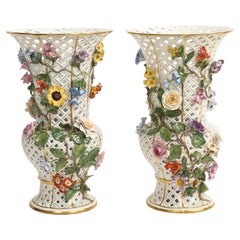 Important Pair Meissen Porcelain Filigree Vases w/ Applied Raised Flowers/Fruit