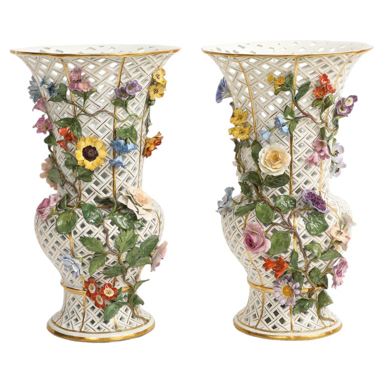 Important Pair Meissen Porcelain Filigree Vases w/ Applied Raised Flowers/Fruit