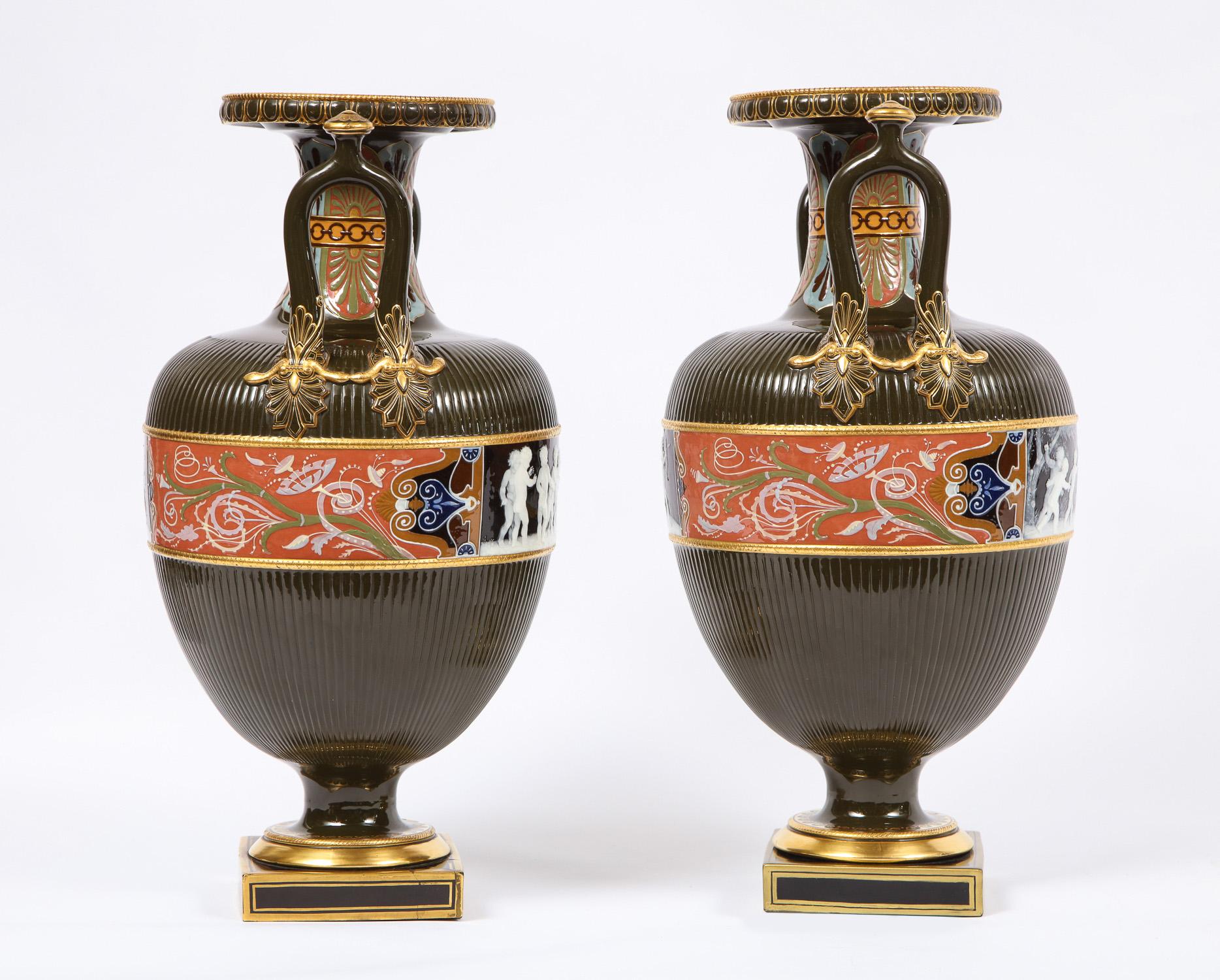 Pair of Mintons Pate Sur Pate Vases with Multi-Panel Neoclassical Subjects 11
