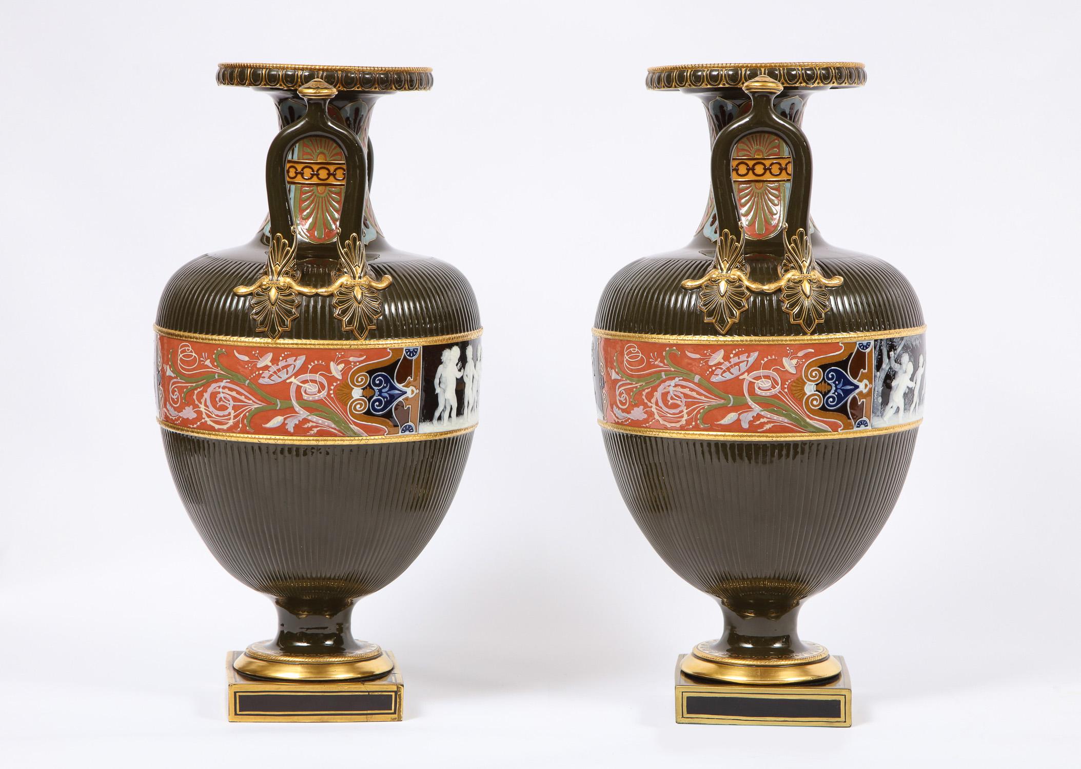 English Pair of Mintons Pate Sur Pate Vases with Multi-Panel Neoclassical Subjects