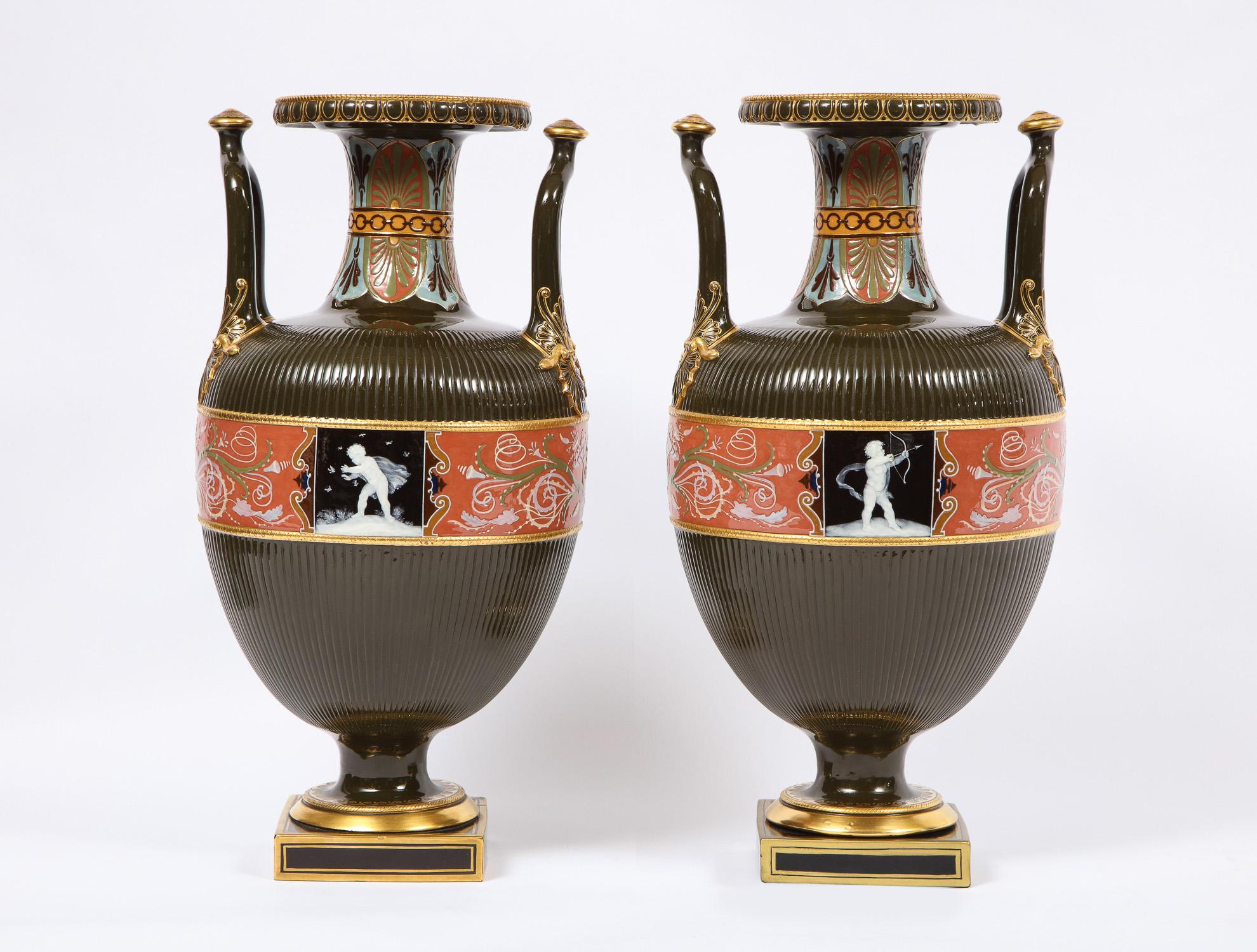 Gilt Pair of Mintons Pate Sur Pate Vases with Multi-Panel Neoclassical Subjects