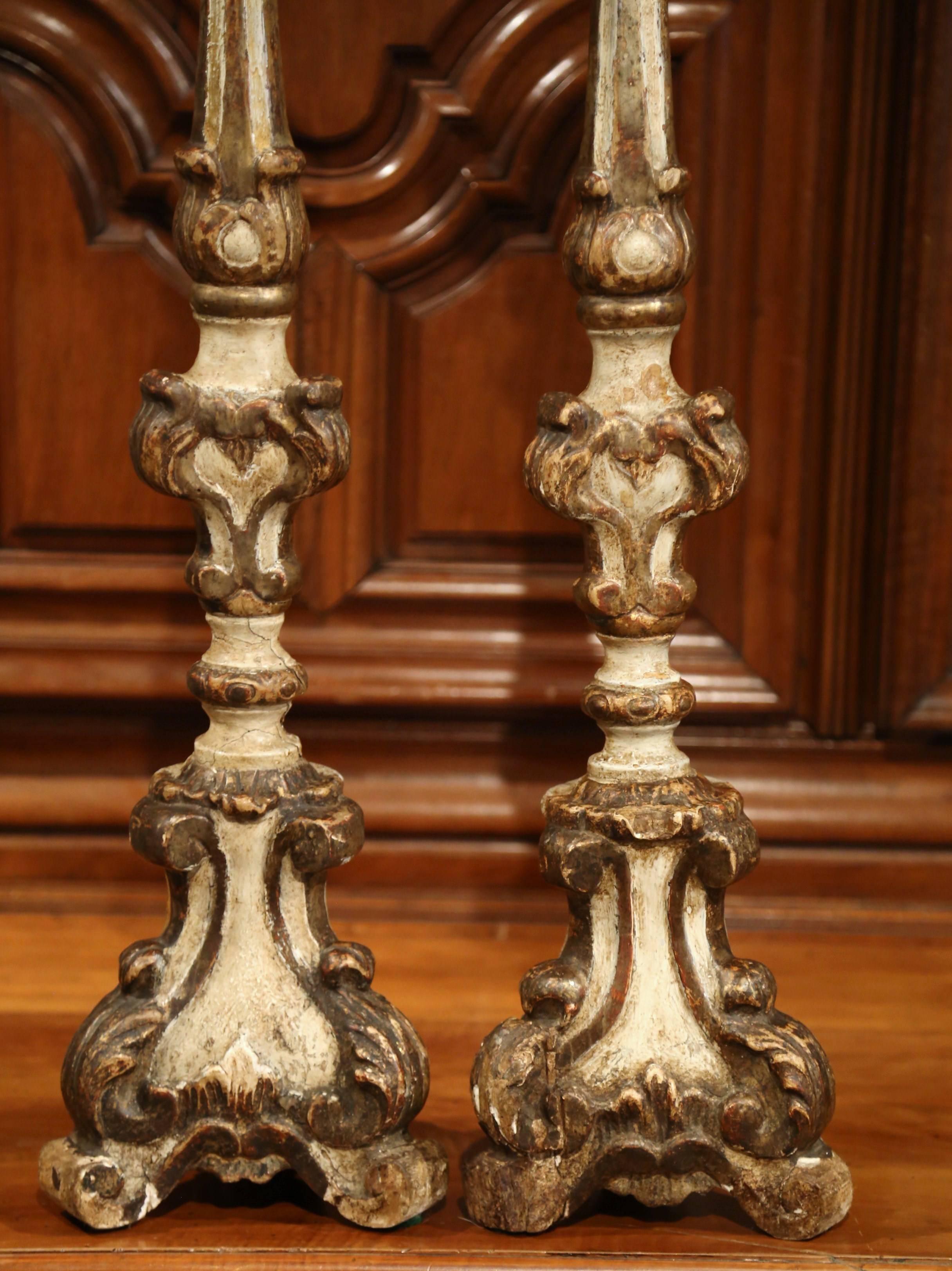 Louis XV Important Pair of 18th Century Italian Carved Painted Giltwood Candlesticks