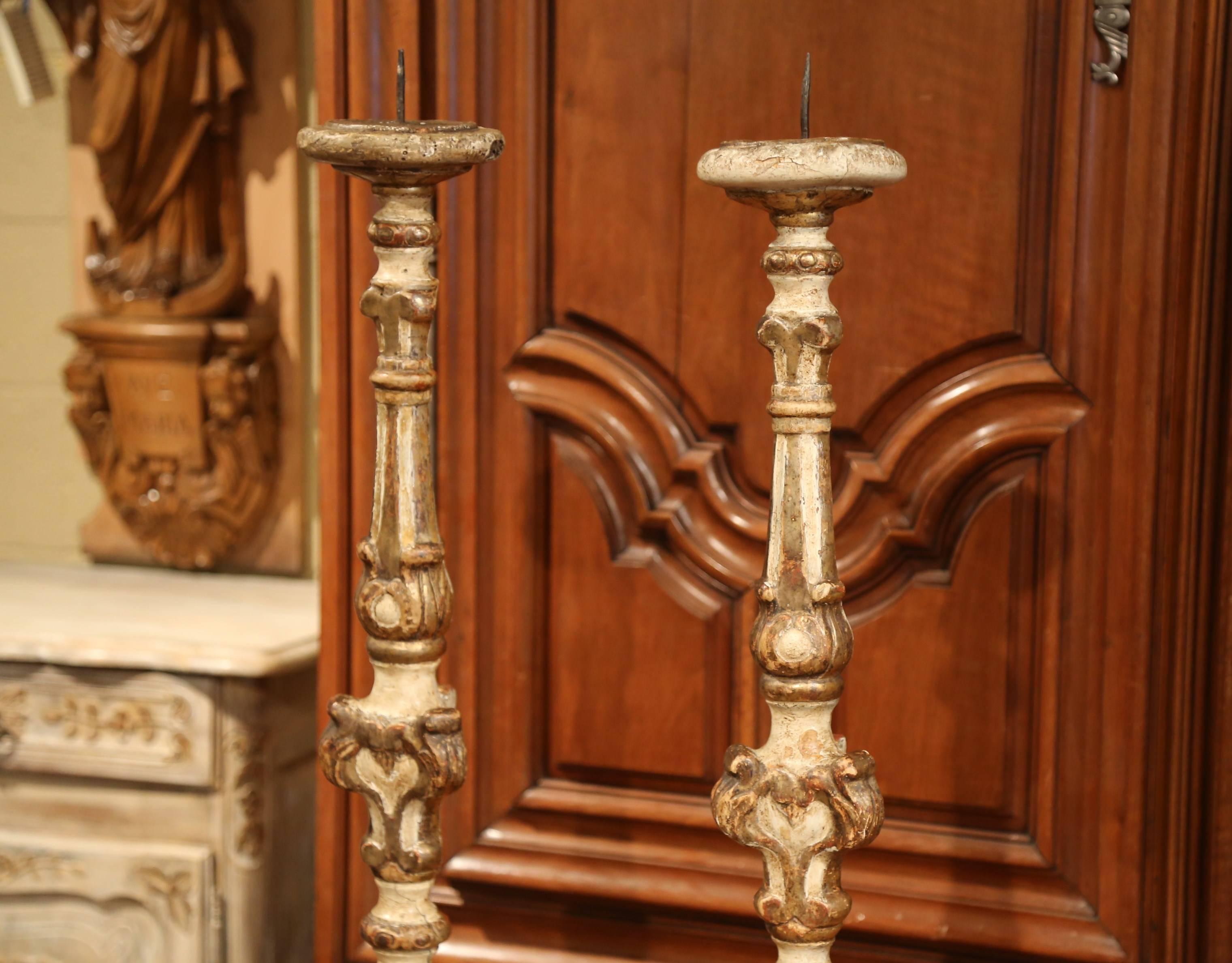 Hand-Carved Important Pair of 18th Century Italian Carved Painted Giltwood Candlesticks