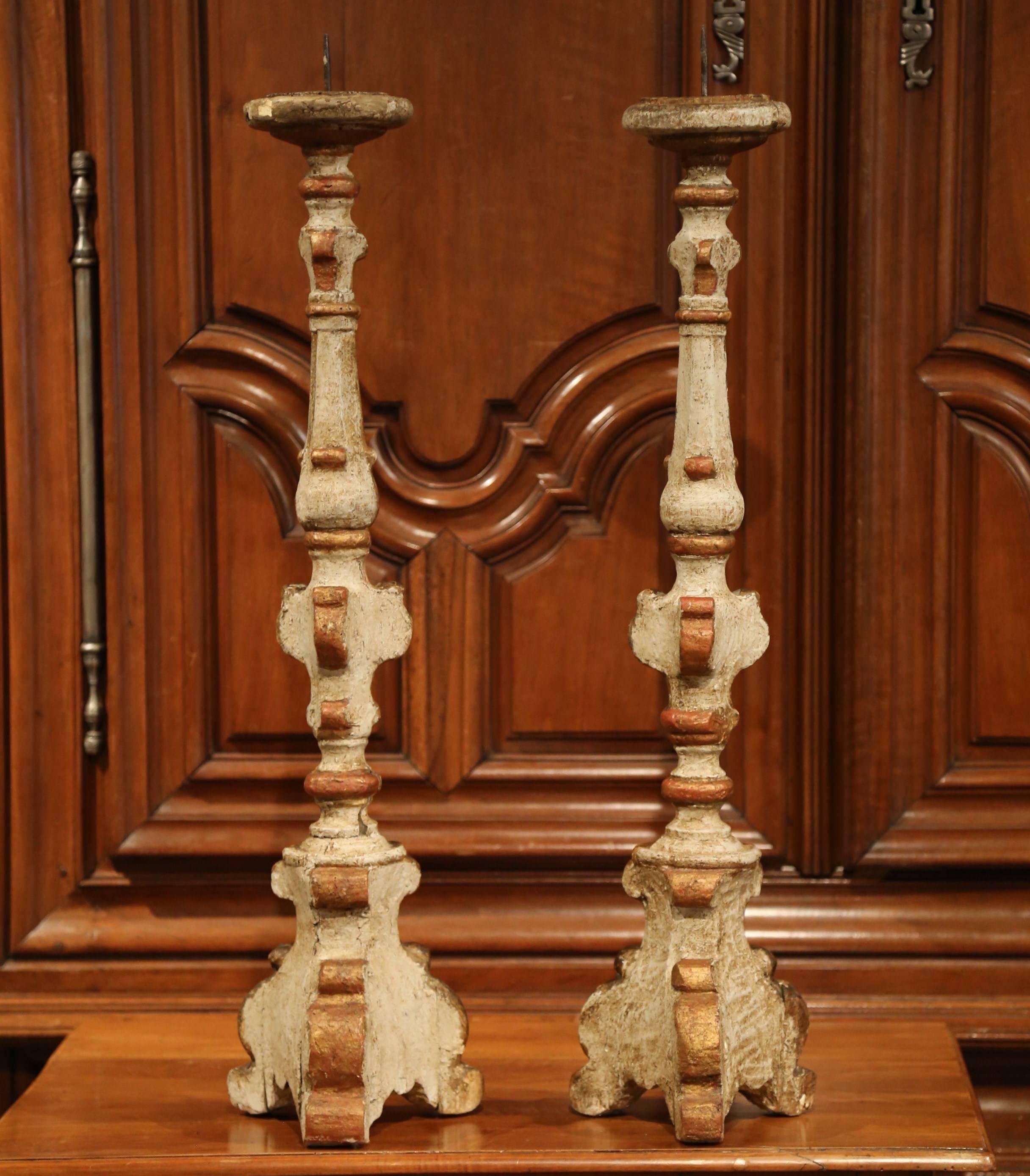 Important Pair of 18th Century Italian Carved Painted Giltwood Candlesticks 2