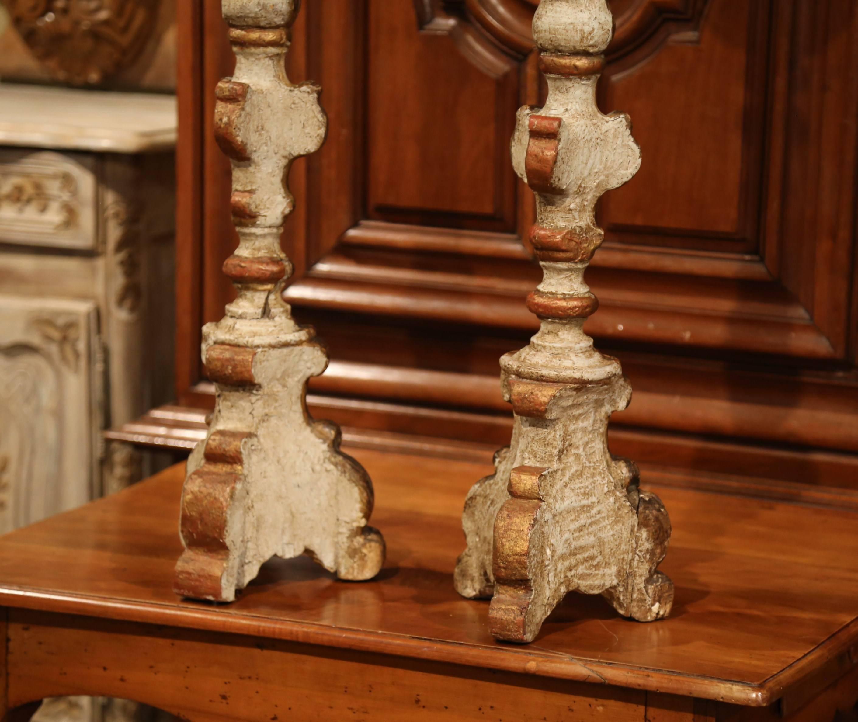 Important Pair of 18th Century Italian Carved Painted Giltwood Candlesticks 3